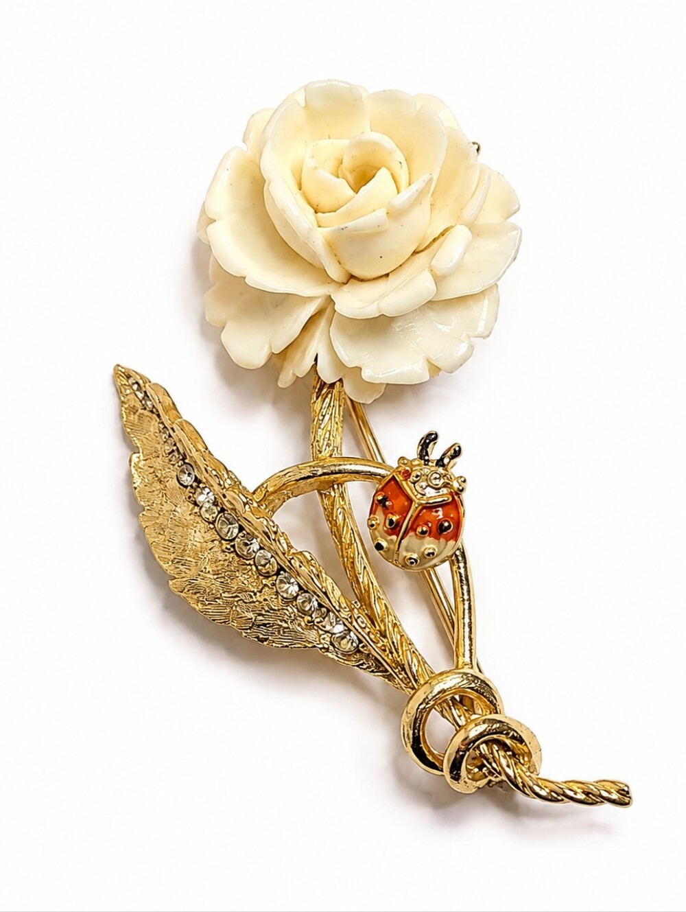 Rare‎ Vintage Signed BSK Gold Tone Lady Bug Floral Brooch